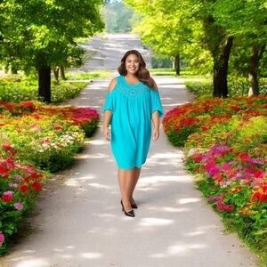 Women Top Catalina Turquoise Cold Shoulder Blouse Ruffled Crochet Shirt